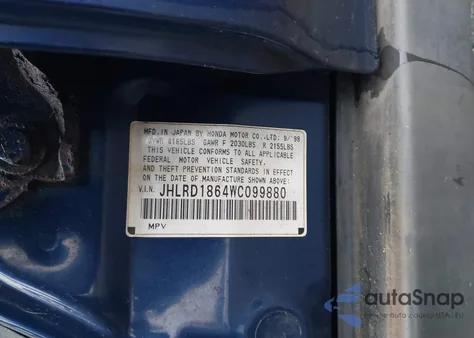 1998 Honda Cr-V Ex from USA, damaged, VIN JHLRD1864WC099880